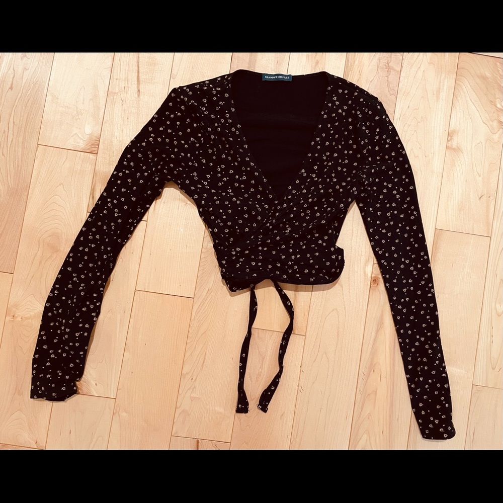 Brandy Melville Black Floral Wrap Top